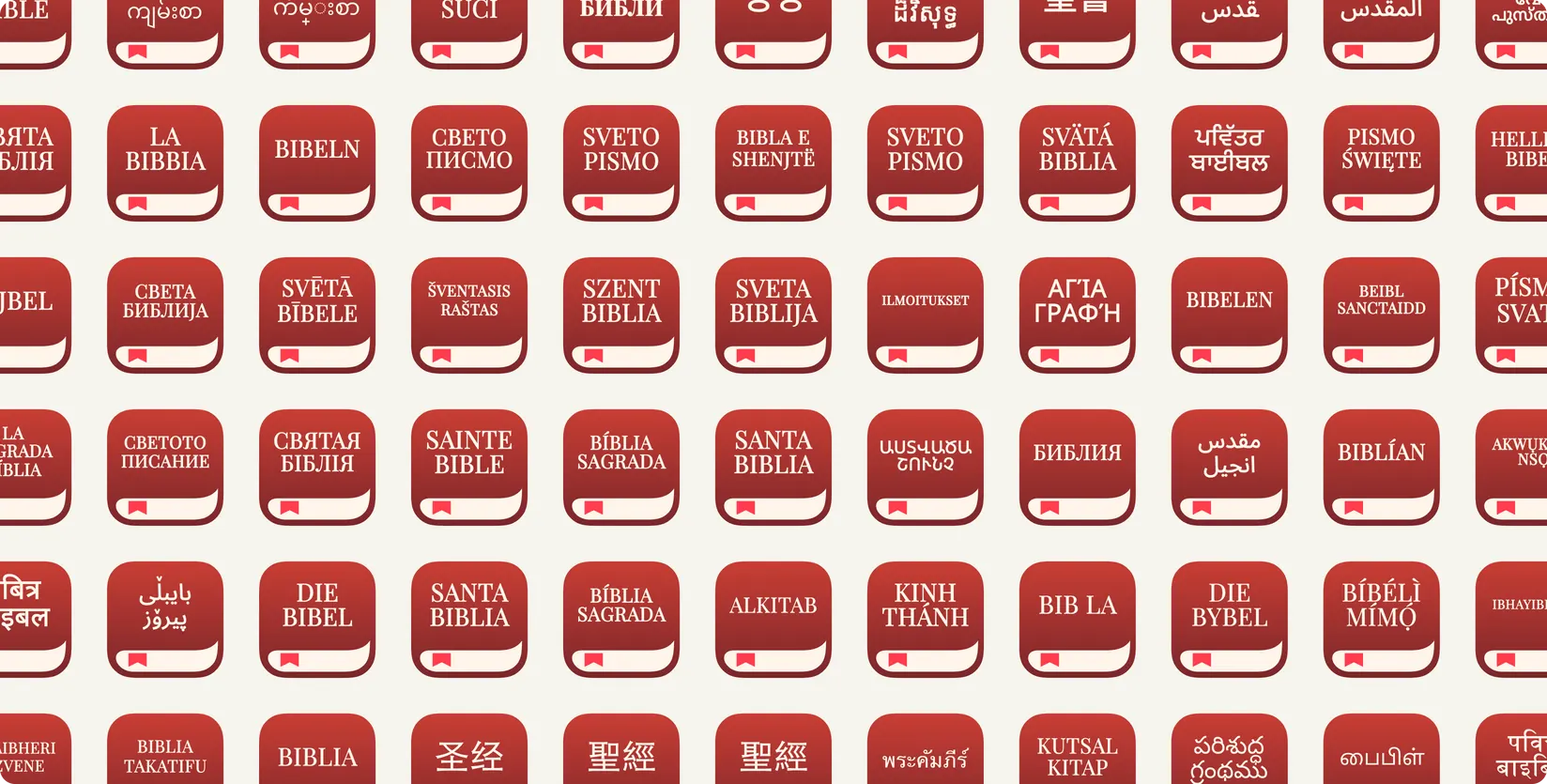 Grid of the Bible App icon localized in 66 languages, each a red book with a bookmark on a cream background.