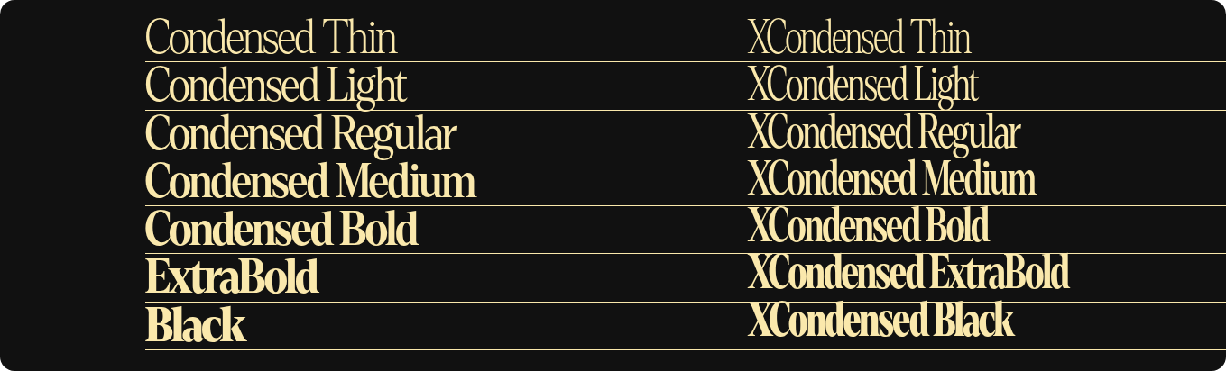 Condensed Thin Condensed Light Condensed Regular Condensed Medium Condensed Bold ExtraBold Black XCondensed Thin XCondensed Light XCondensed Regular XCondensed Medium XCondensed Bold XCondensed ExtraBold XCondensed Black