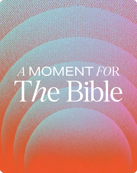 “A moment for The Bible” in white condensed grotesk and serif type over a halftone pattern of concentric red and blue circles.